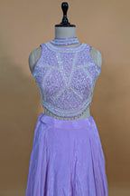 Lilac Crepe Silk Beaded and Sequin Worked Crop Top Palazzo Set - silk saree