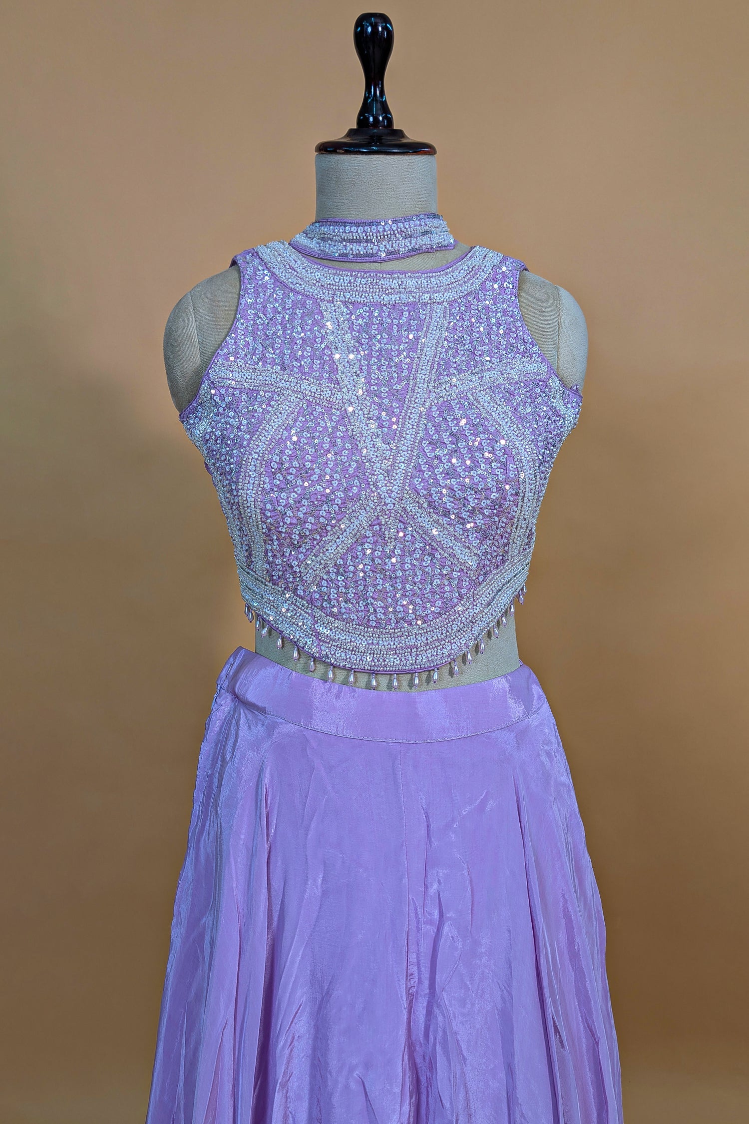 Lilac Crepe Silk Beaded and Sequin Worked Crop Top Palazzo Set - silk saree
