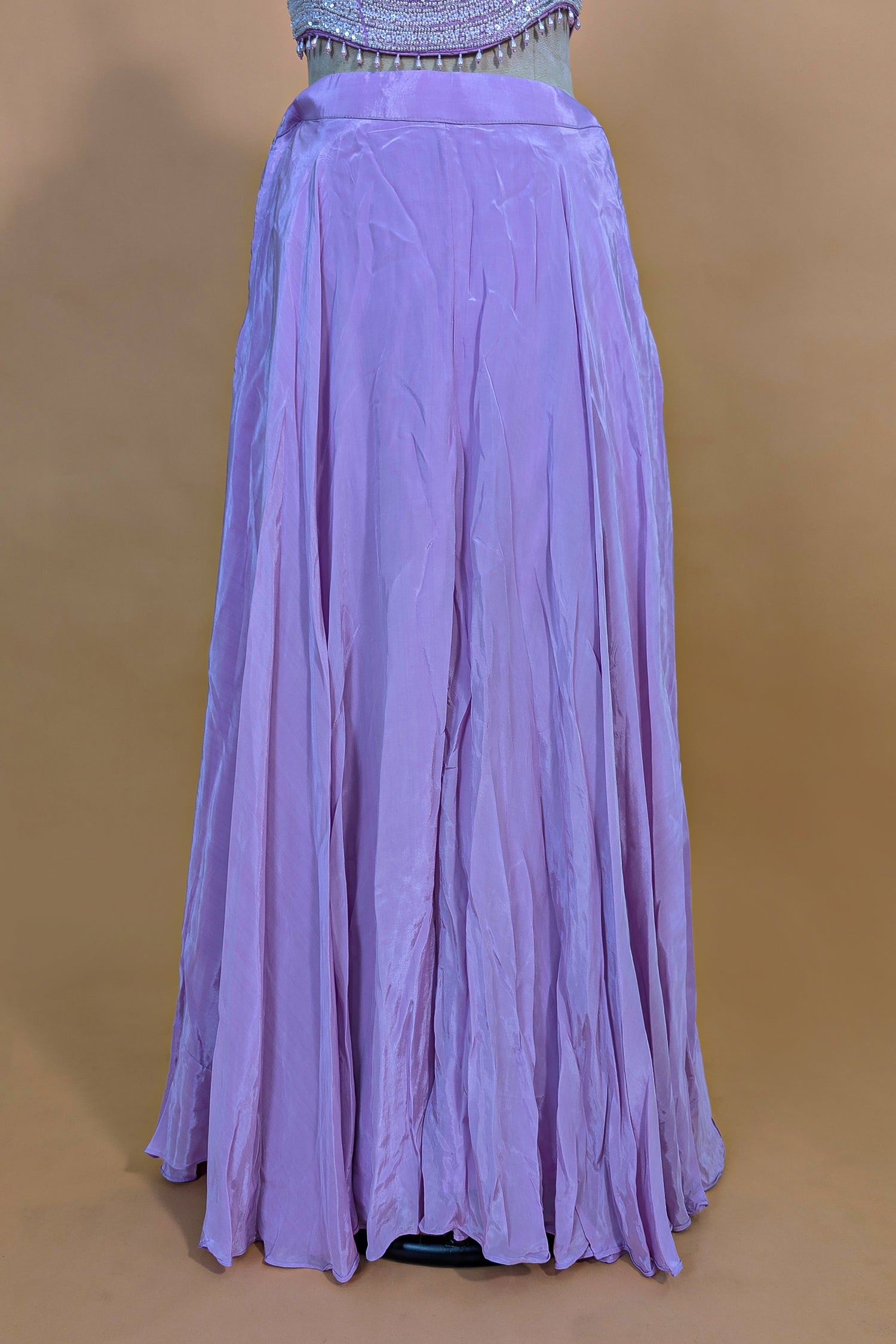 Lilac Crepe Silk Beaded and Sequin Worked Crop Top Palazzo Set - silk saree
