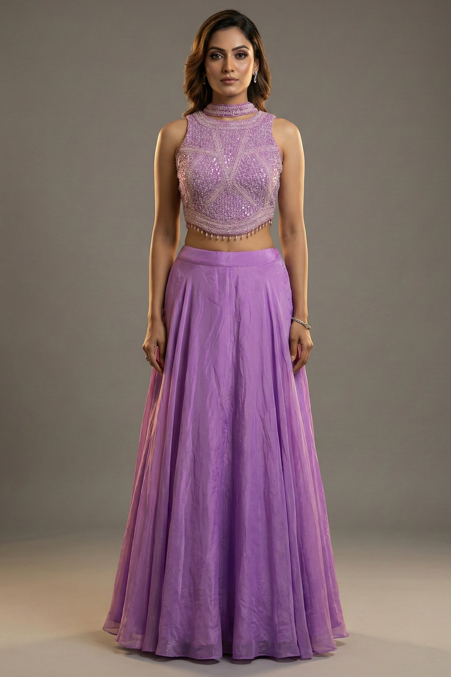 Lilac Crepe Silk Beaded and Sequin Worked Crop Top Palazzo Set - silk saree Main image