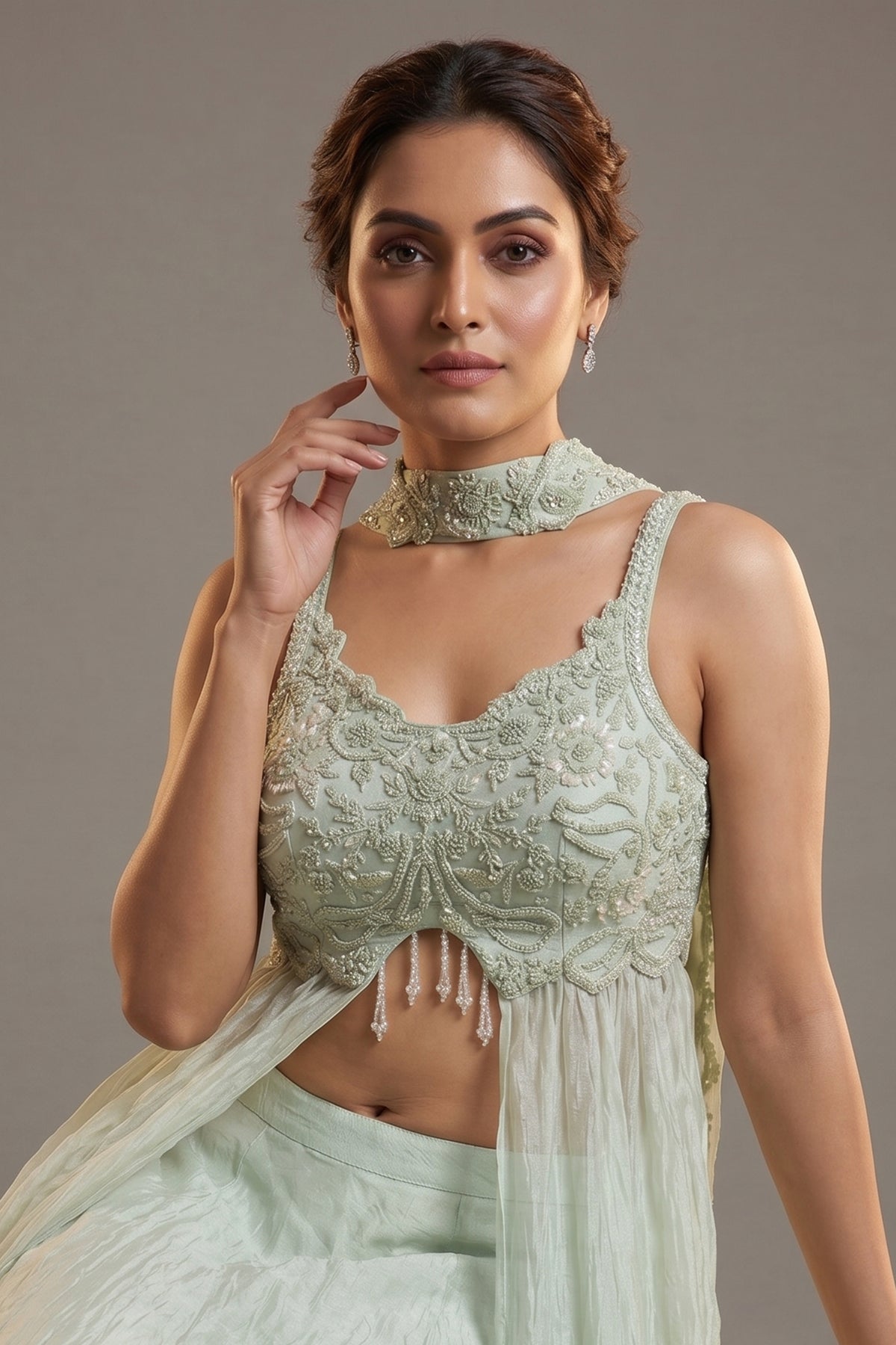 Mint Green Soft Organza Silk Sequin Cutdana worked High Slit Cut Palazzo Suit - green silk saree