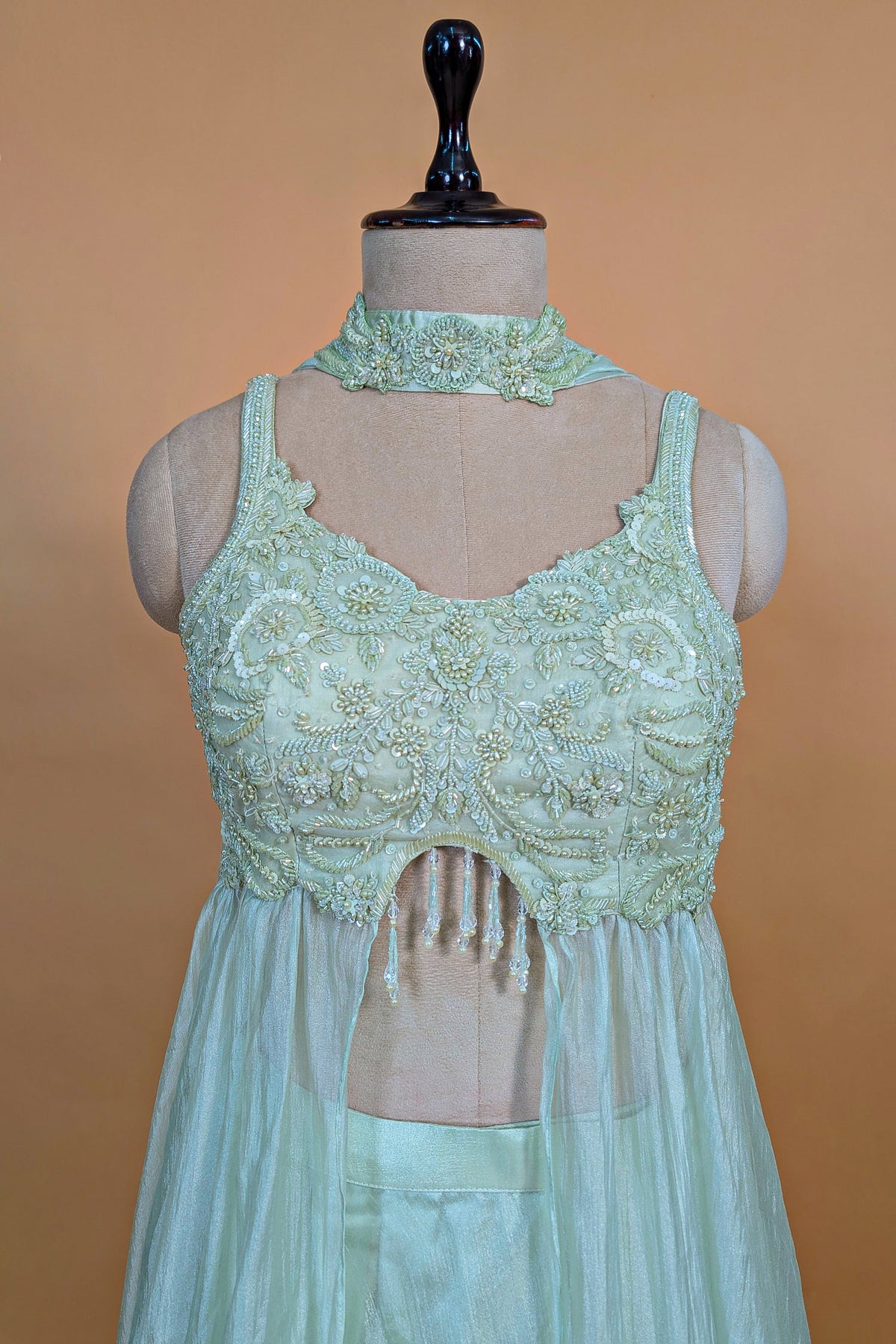 Mint Green Soft Organza Silk Sequin Cutdana worked High Slit Cut Palazzo Suit - green silk saree