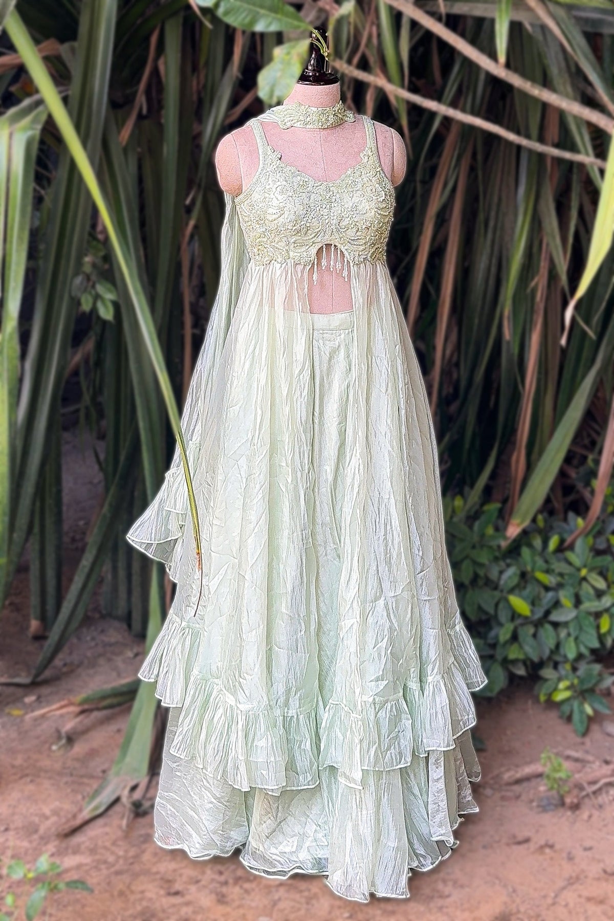 Mint Green Soft Organza Silk Sequin Cutdana worked High Slit Cut Palazzo Suit - green silk saree