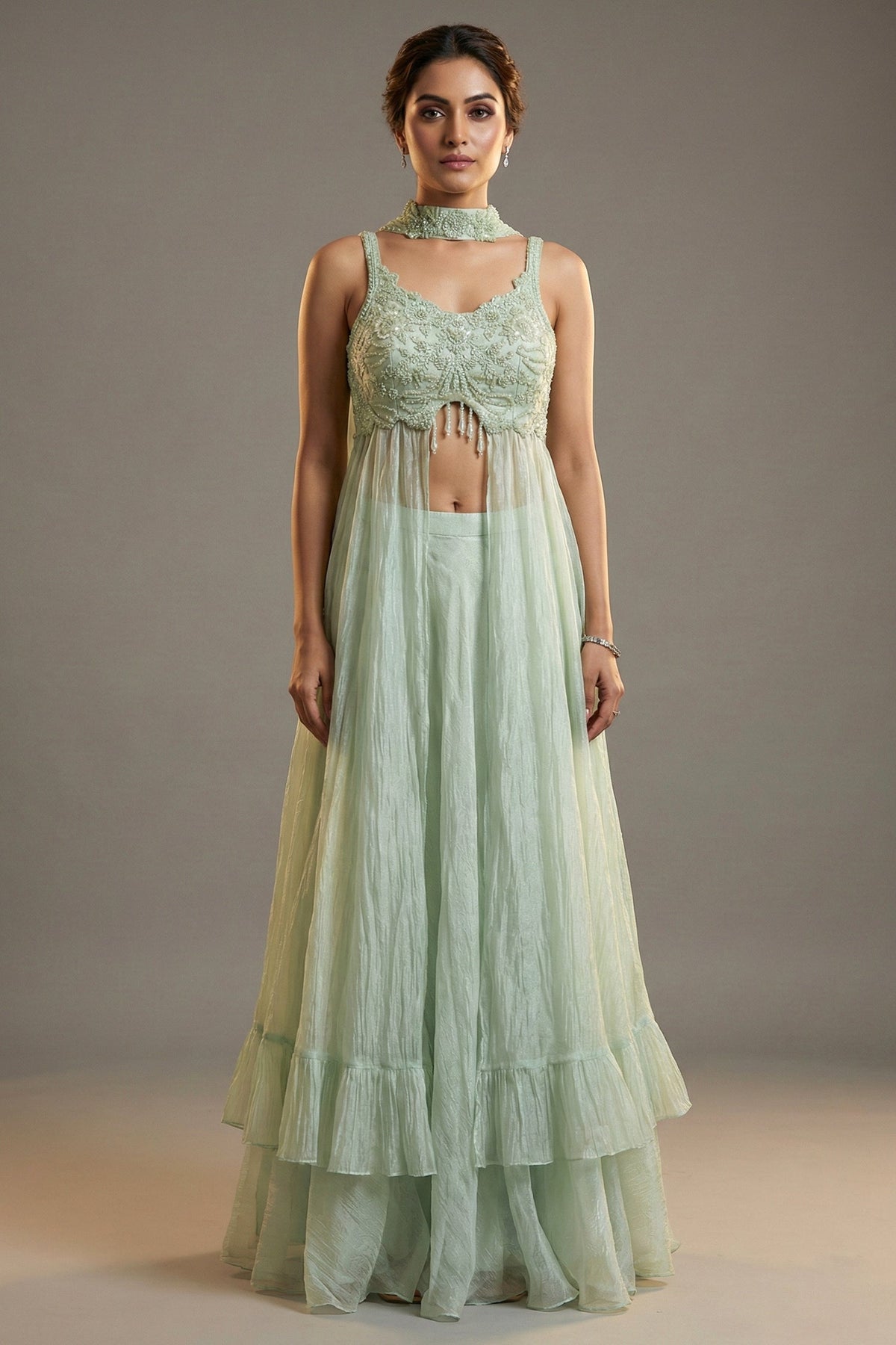 Mint Green Soft Organza Silk Sequin Cutdana worked High Slit Cut Palazzo Suit