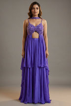Purple Crepe Net Silk Sequin Beaded High Slit Cut Palazzo Suit - purple silk saree