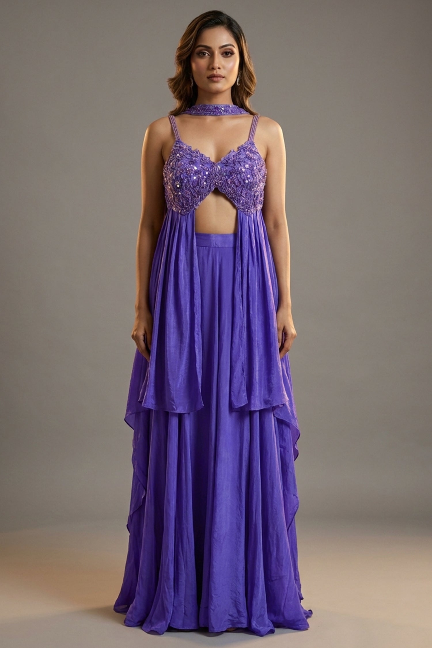 Purple Crepe Net Silk Sequin Beaded High Slit Cut Palazzo Suit - purple silk saree