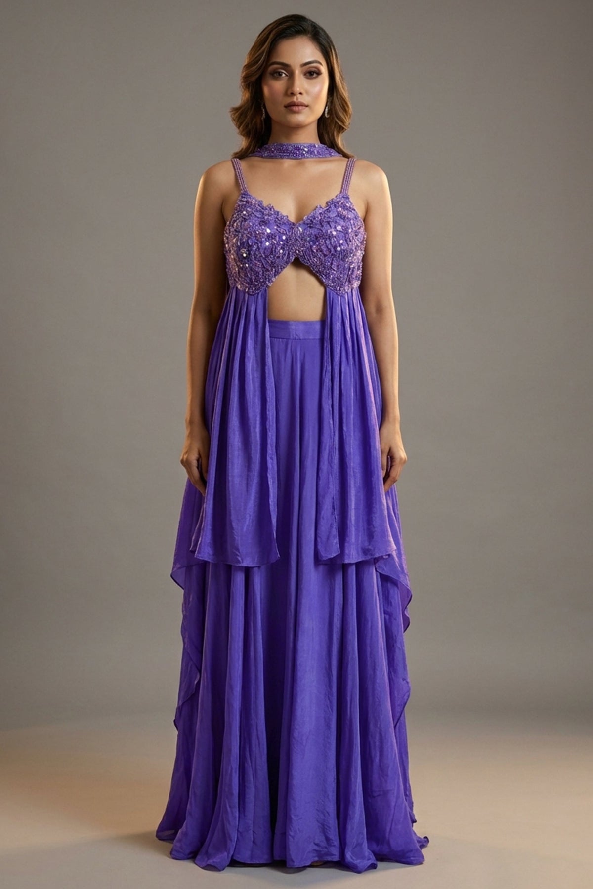 Purple Crepe Net Silk Sequin Beaded High Slit Cut Palazzo Suit