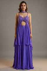 Purple Crepe Net Silk Sequin Beaded High Slit Cut Palazzo Suit