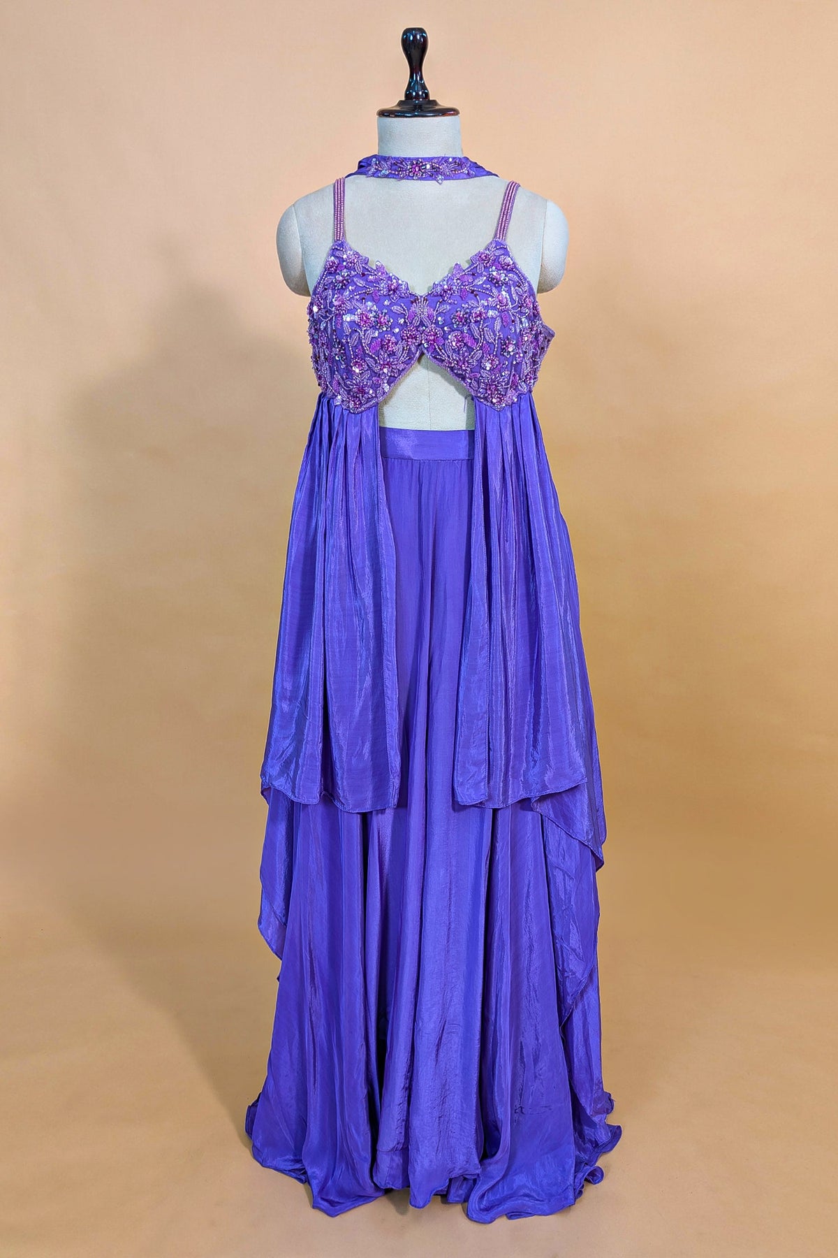 Purple Crepe Net Silk Sequin Beaded High Slit Cut Palazzo Suit - purple silk saree