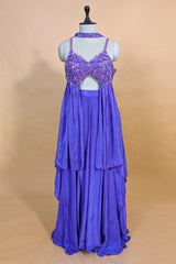 Purple Crepe Net Silk Sequin Beaded High Slit Cut Palazzo Suit