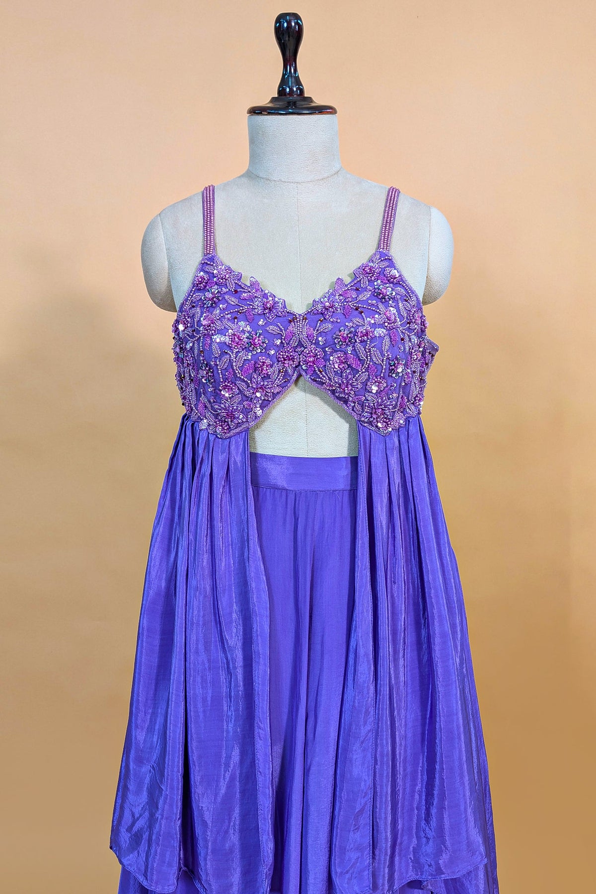 Purple Crepe Net Silk Sequin Beaded High Slit Cut Palazzo Suit - purple silk saree