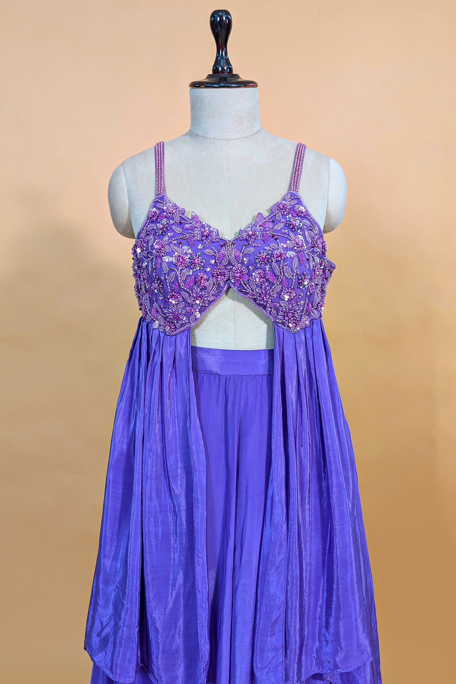 Purple Crepe Net Silk Sequin Beaded High Slit Cut Palazzo Suit - purple silk saree