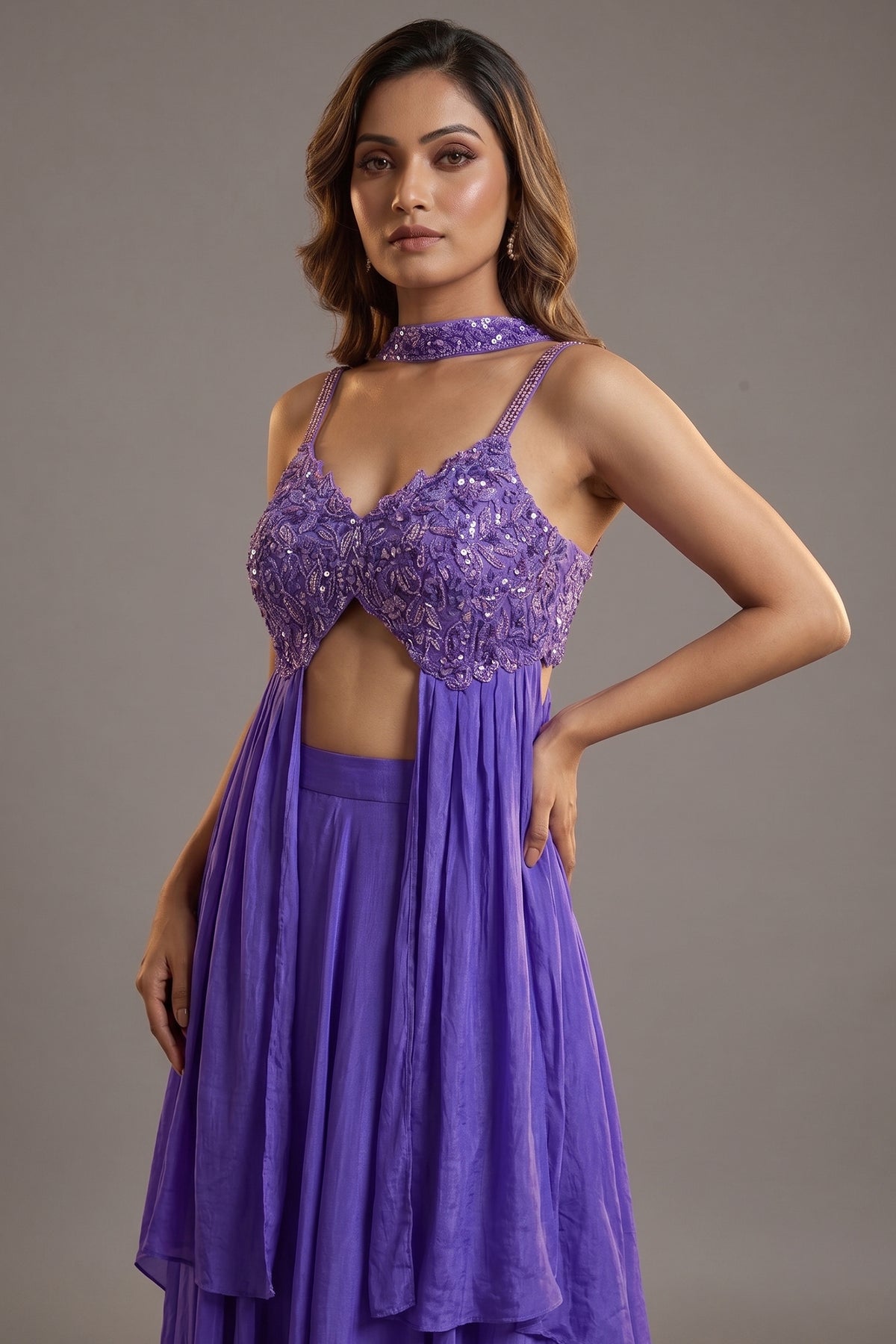 Purple Crepe Net Silk Sequin Beaded High Slit Cut Palazzo Suit - purple silk saree
