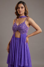 Purple Crepe Net Silk Sequin Beaded High Slit Cut Palazzo Suit - purple silk saree