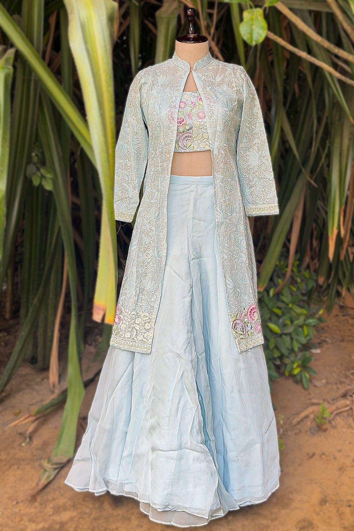 Light Blue Organza Sequin Embroidered Crop Top Palazzo Set with Jacket - red organza saree embroidered