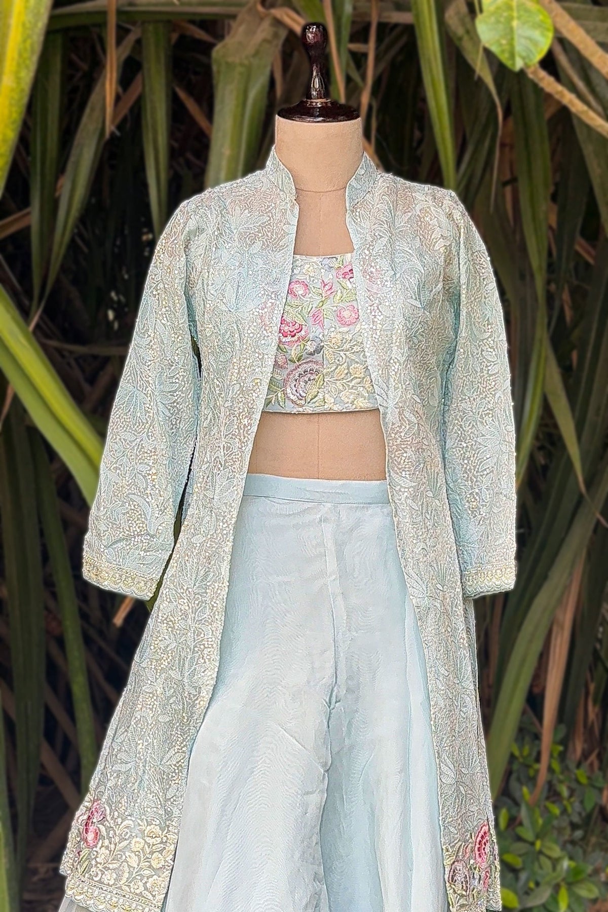 Light Blue Organza Sequin Embroidered Crop Top Palazzo Set with Jacket - red organza saree embroidered