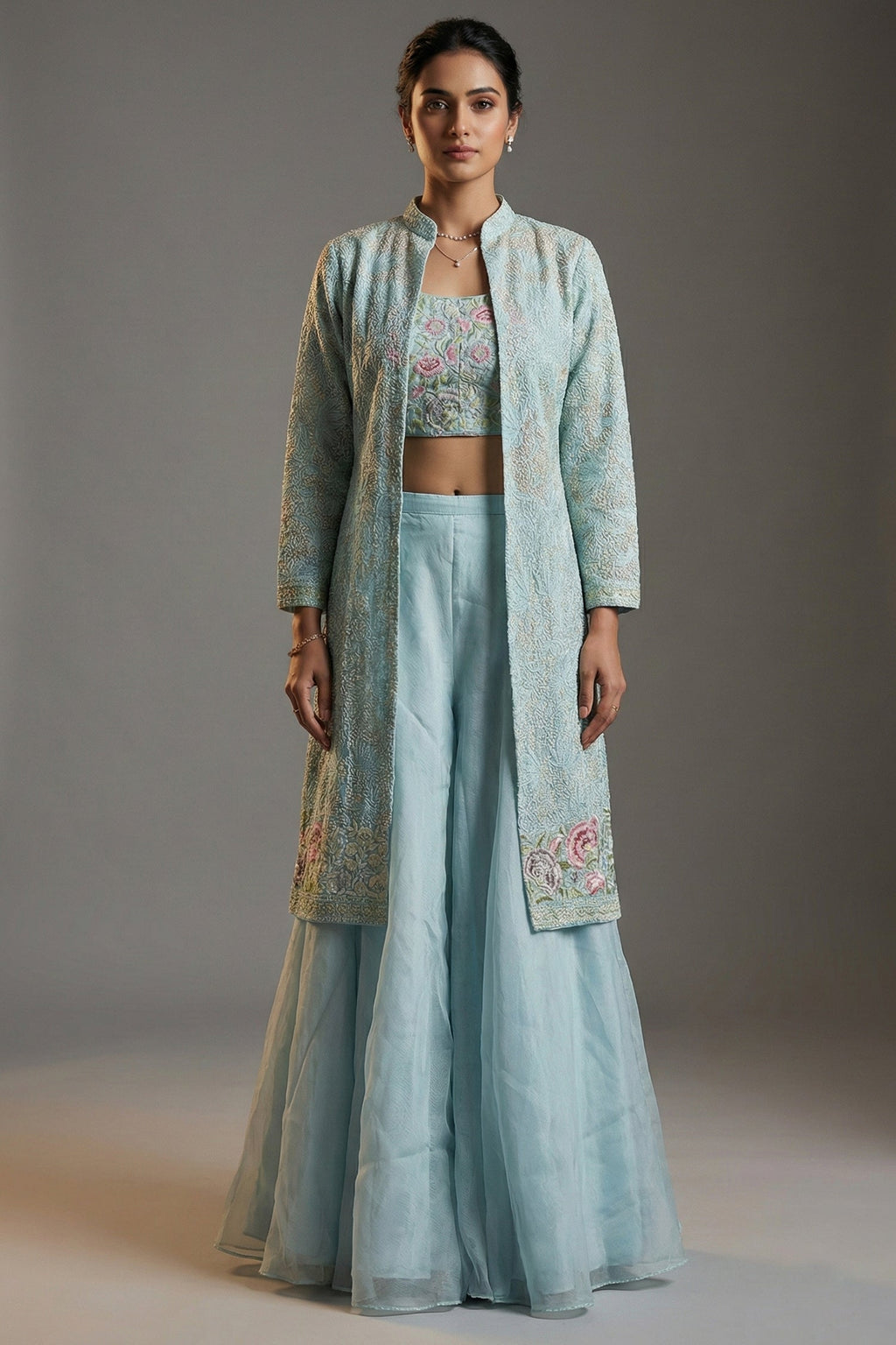 Light Blue Organza Sequin Embroidered Crop Top Palazzo Set with Jacket - red organza saree embroidered