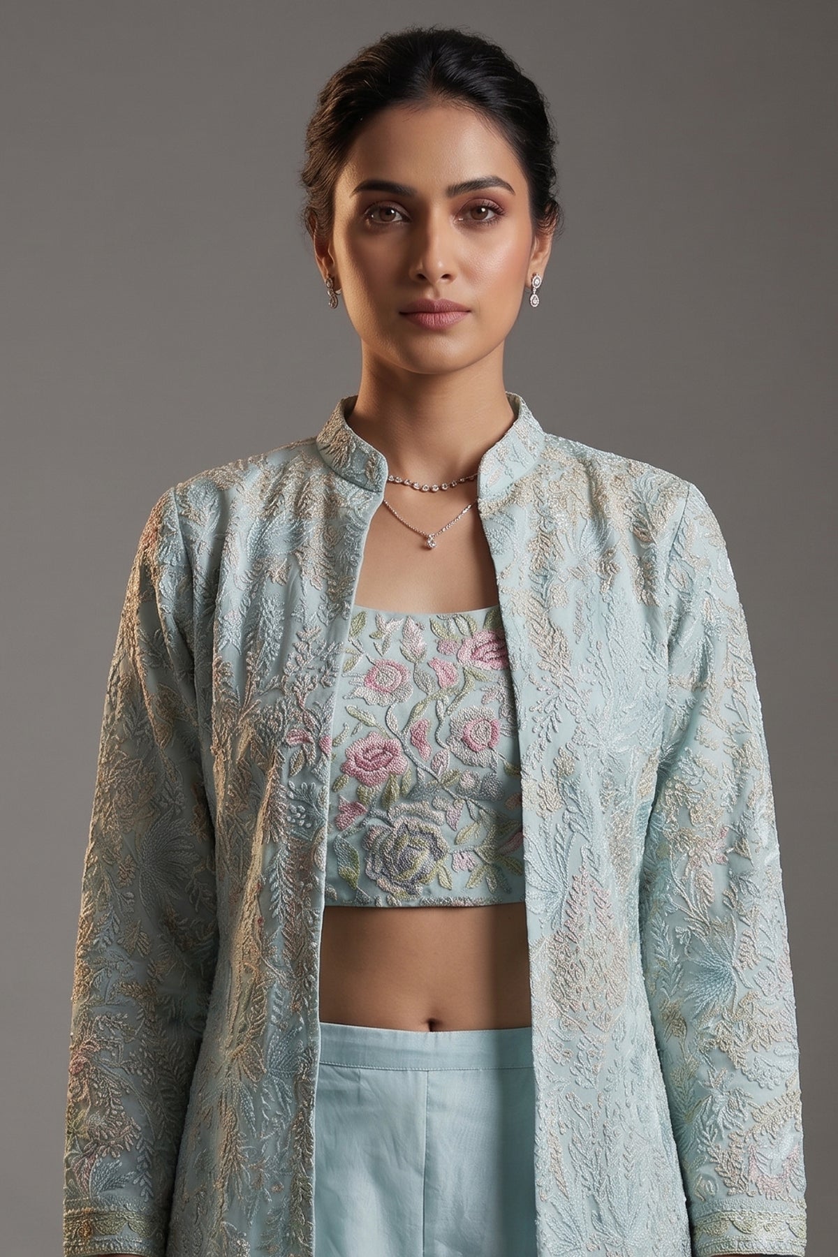 Light Blue Organza Sequin Embroidered Crop Top Palazzo Set with Jacket - red organza saree embroidered