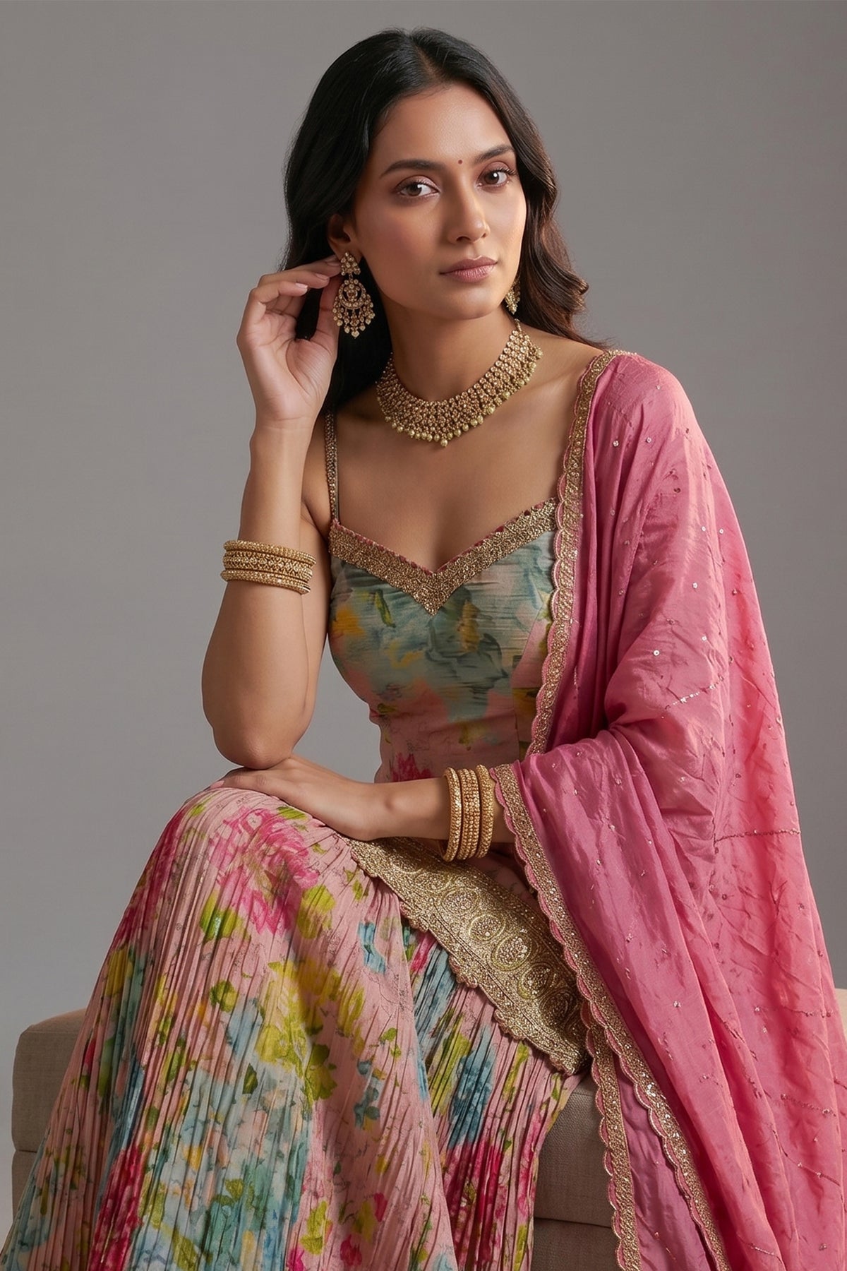 Multi Colored Tissue Silk Floral Printed Palazzo Suit - red silk saree