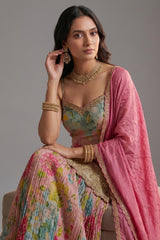 Multi Colored Tissue Silk Floral Printed Palazzo Suit - red silk saree