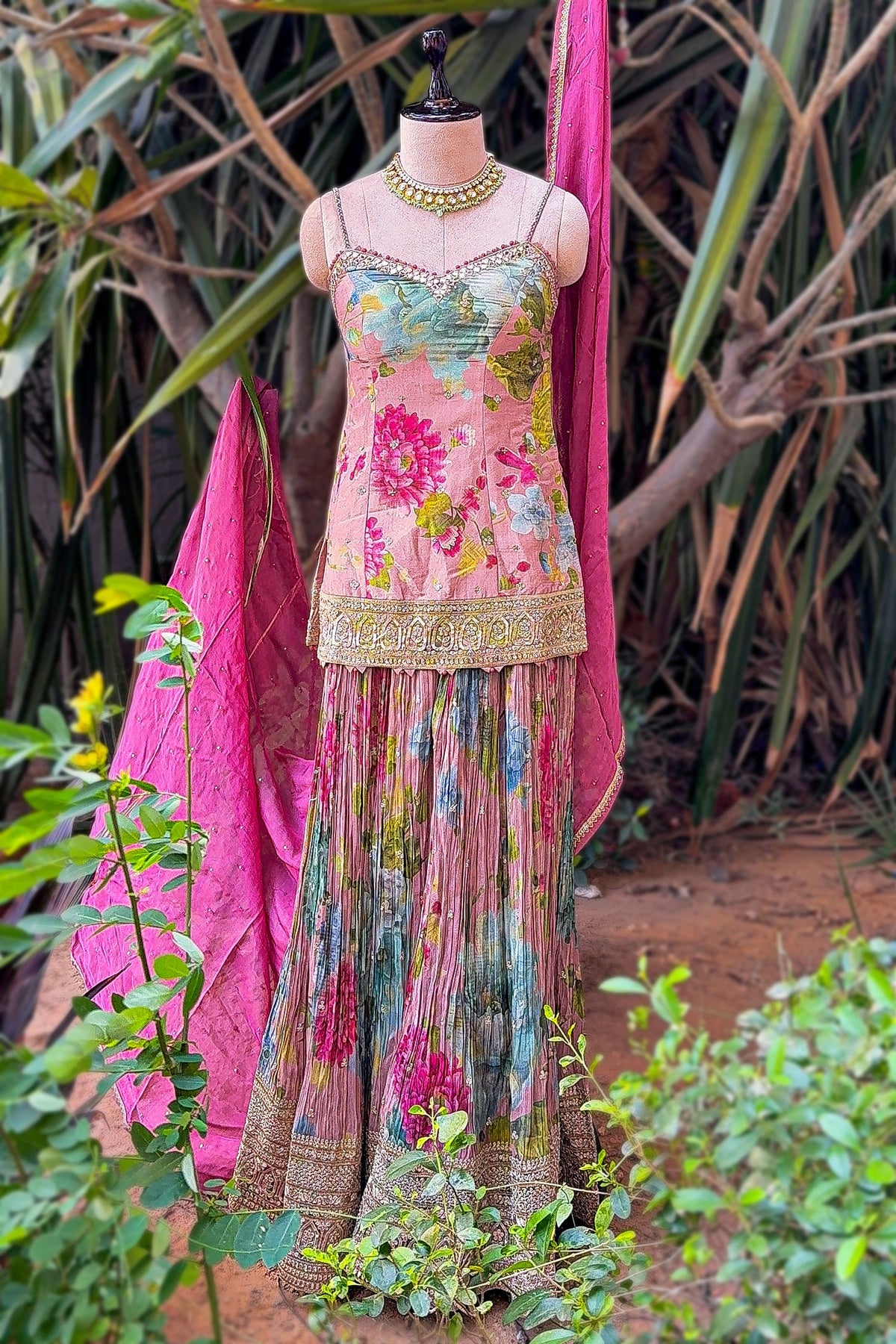 Multi Colored Tissue Silk Floral Printed Palazzo Suit - red silk saree
