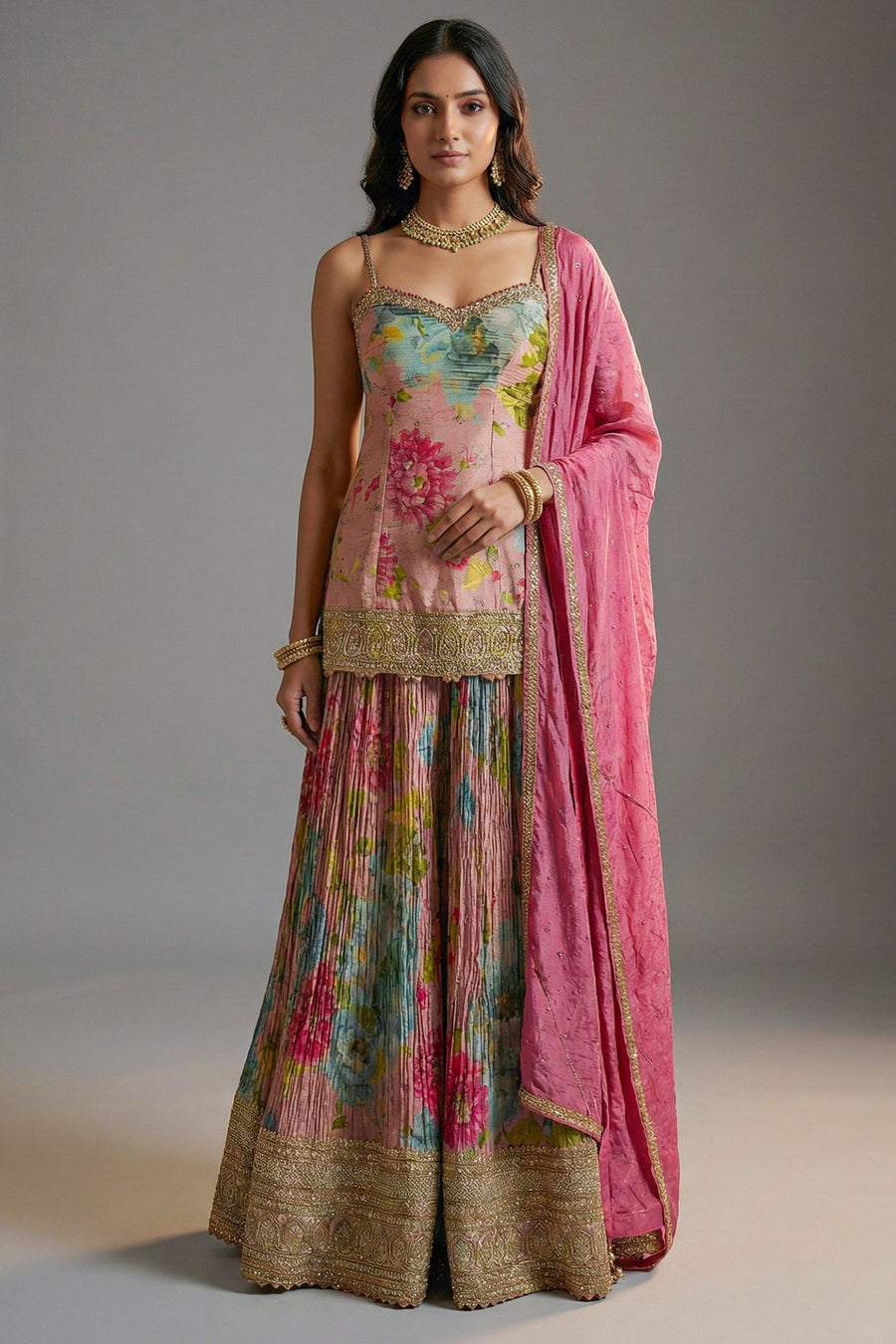 Multi Colored Tissue Silk Floral Printed Palazzo Suit - red silk saree