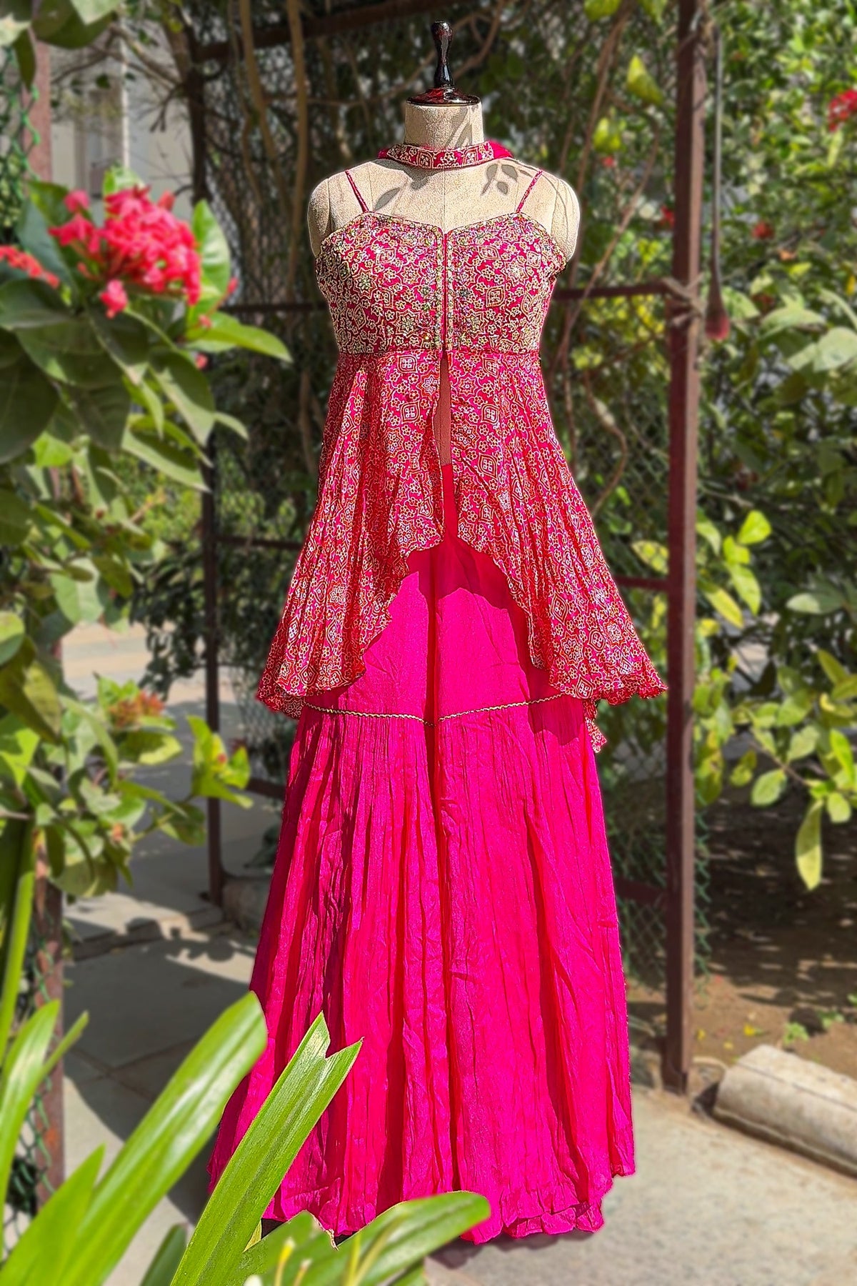 Pink Crepe Satin Silk Printed Slit Cut Sharara Suit with Cutdana Bodice - pink silk saree