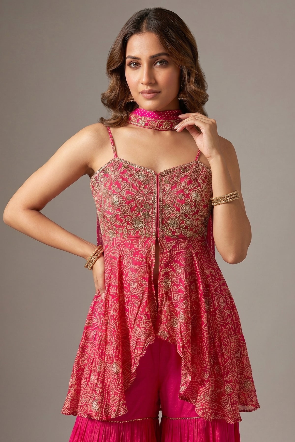 Pink Crepe Satin Silk Printed Slit Cut Sharara Suit with Cutdana Bodice - pink silk saree
