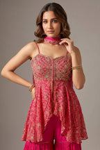 Pink Crepe Satin Silk Printed Slit Cut Sharara Suit with Cutdana Bodice - pink silk saree