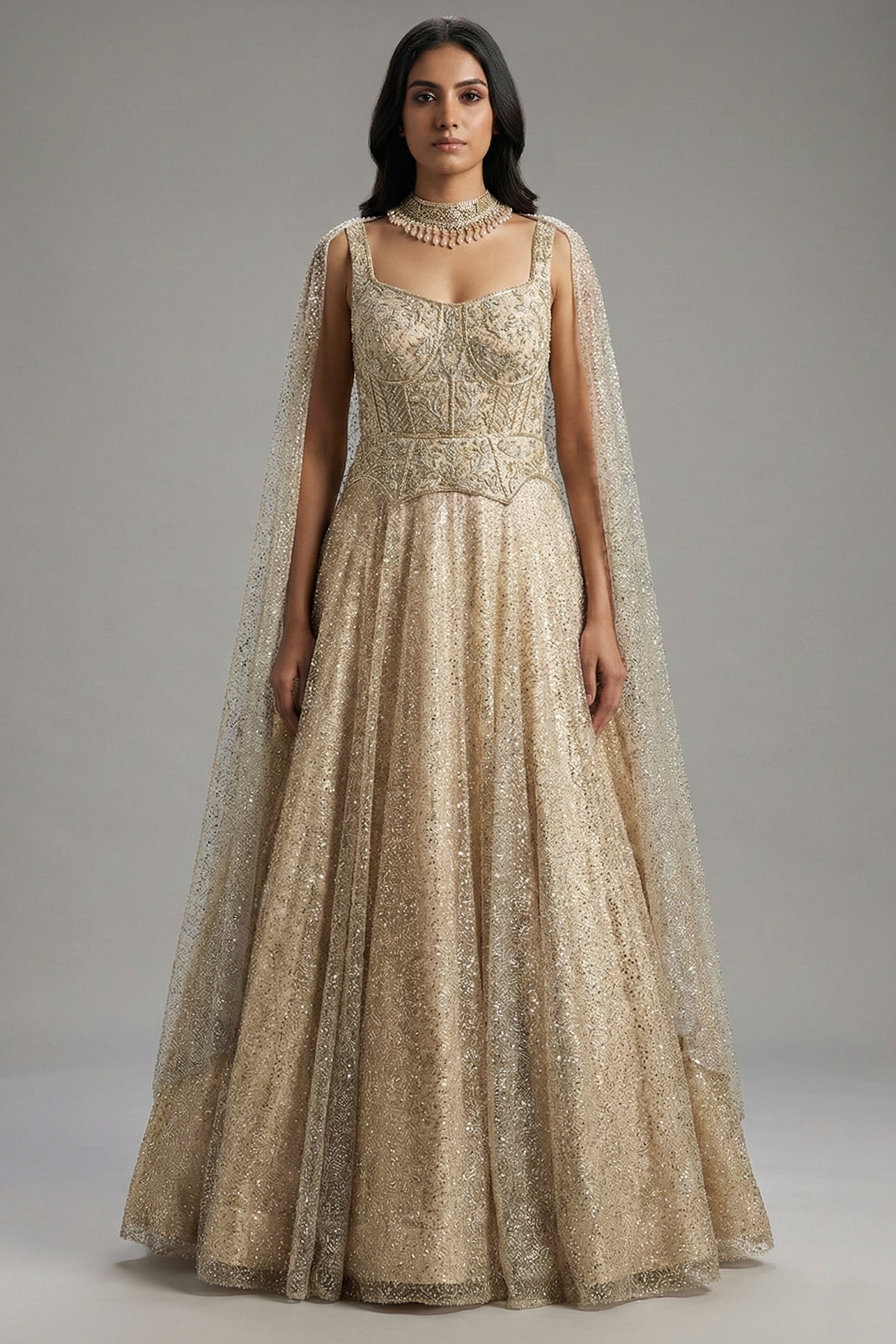 Cream Net Designer Sequinned Gown - cream net saree Main image