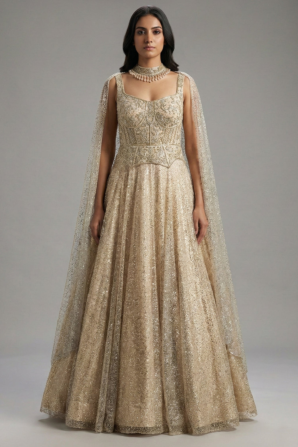 Cream Net Designer Sequinned Gown - cream net saree