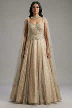 Cream Net Designer Sequinned Gown - cream net saree