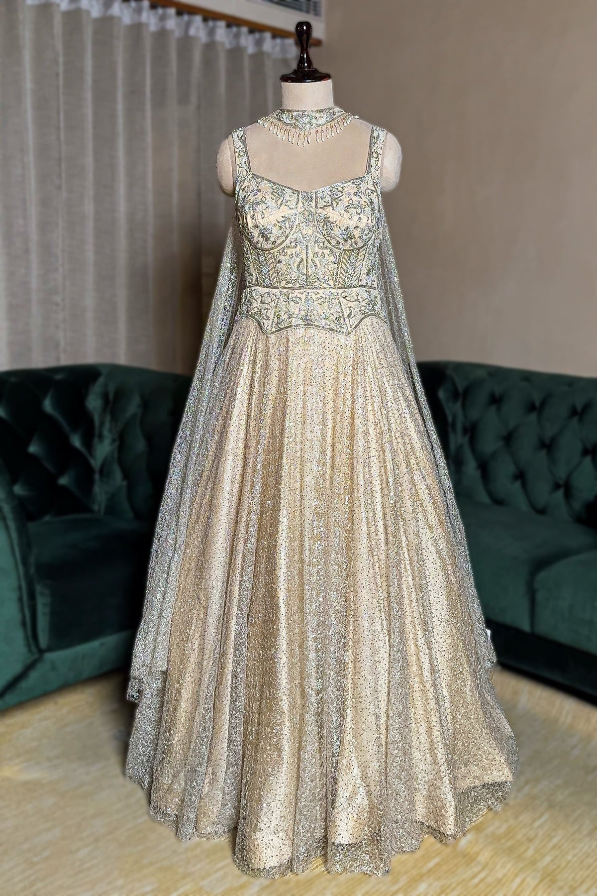 Cream Net Designer Sequinned Gown - cream net saree