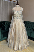 Cream Net Designer Sequinned Gown - cream net saree