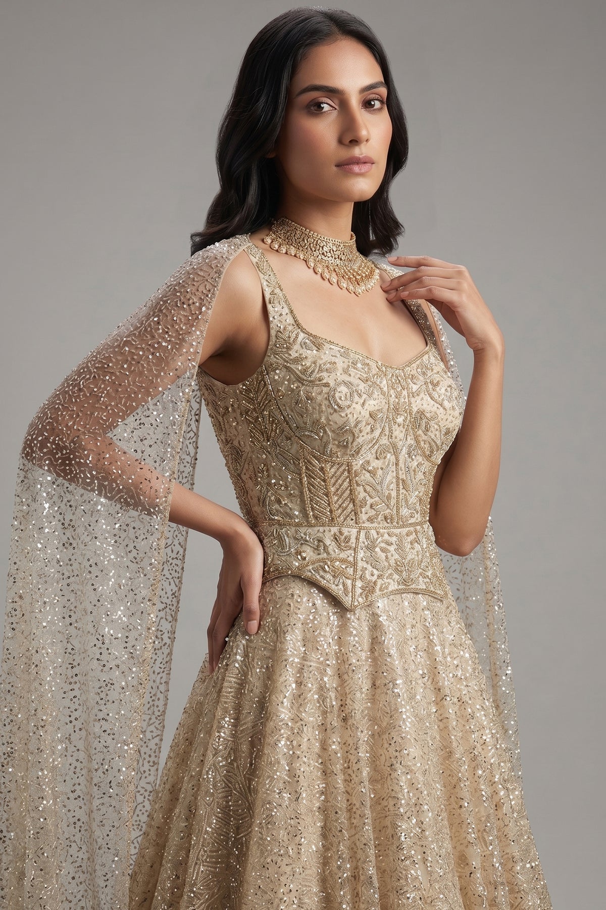 Cream Net Designer Sequinned Gown - cream net saree