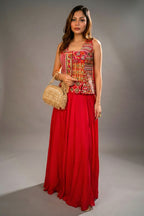Fuschia Pink Silk Embroidered Top and Palazzo Set - Front View