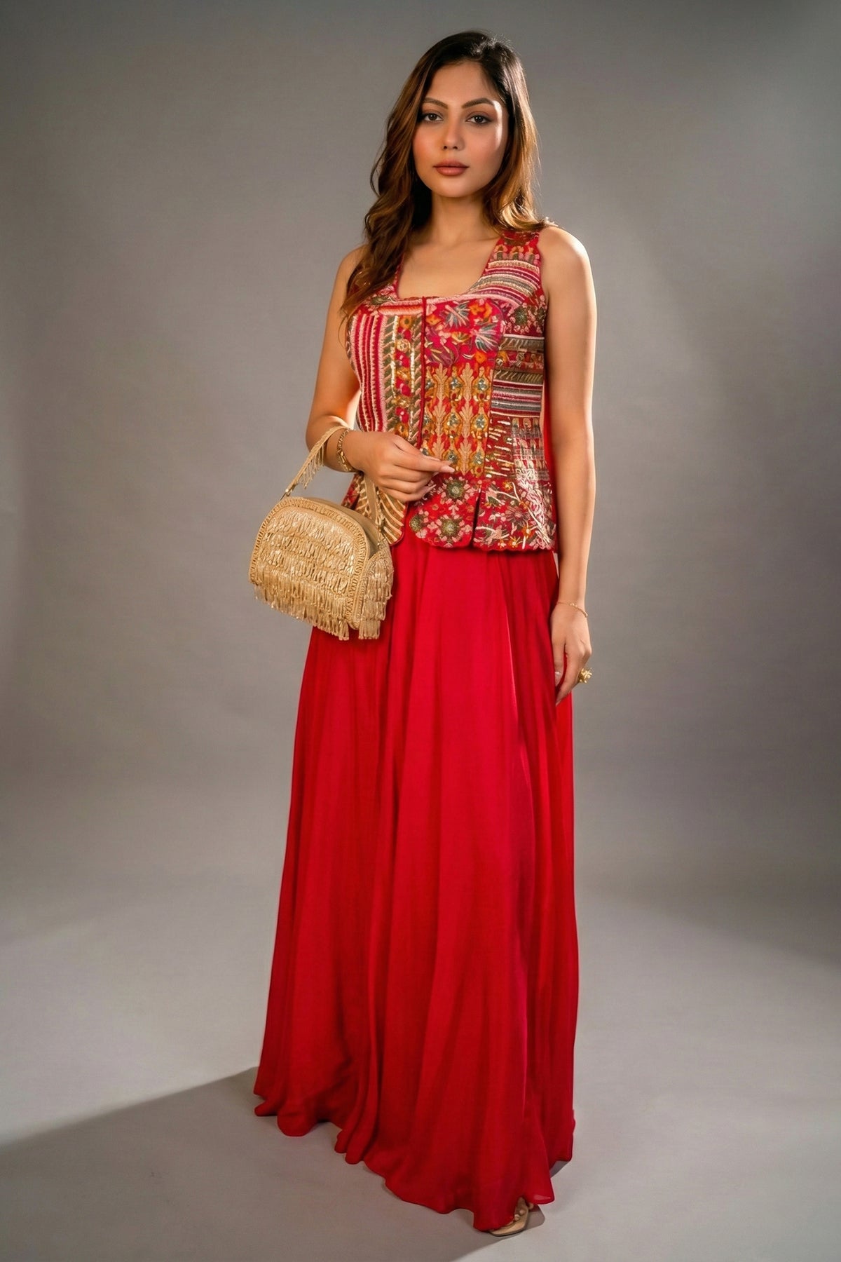 Fuschia Pink Silk Embroidered Top and Palazzo Set - Front View