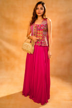 Close-up of multi-colored thread embroidery and fine cutdana on the Fuschia Pink Silk Embroidered Top and Palazzo Set