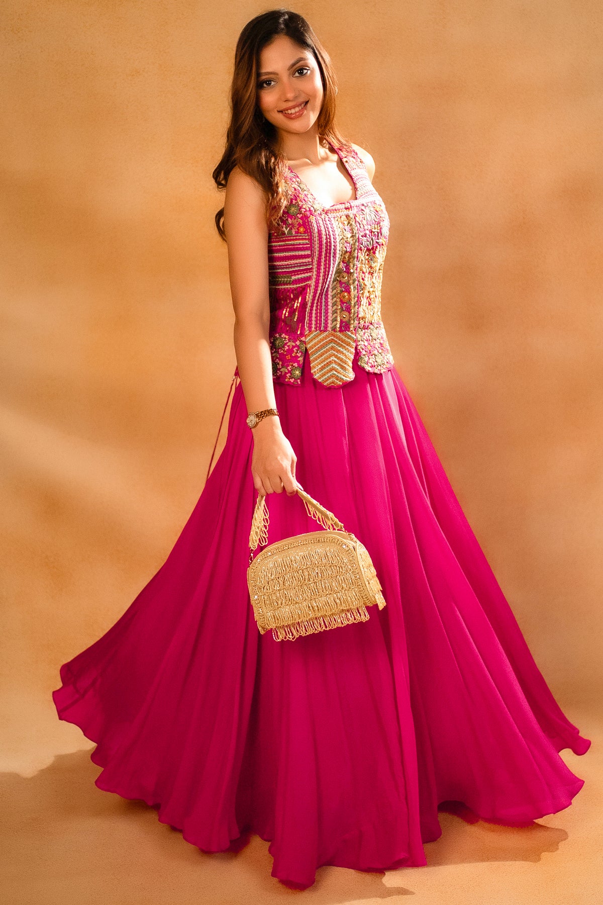 Fuschia Pink Silk Embroidered Top and Palazzo Set featuring a structured silk peplum top