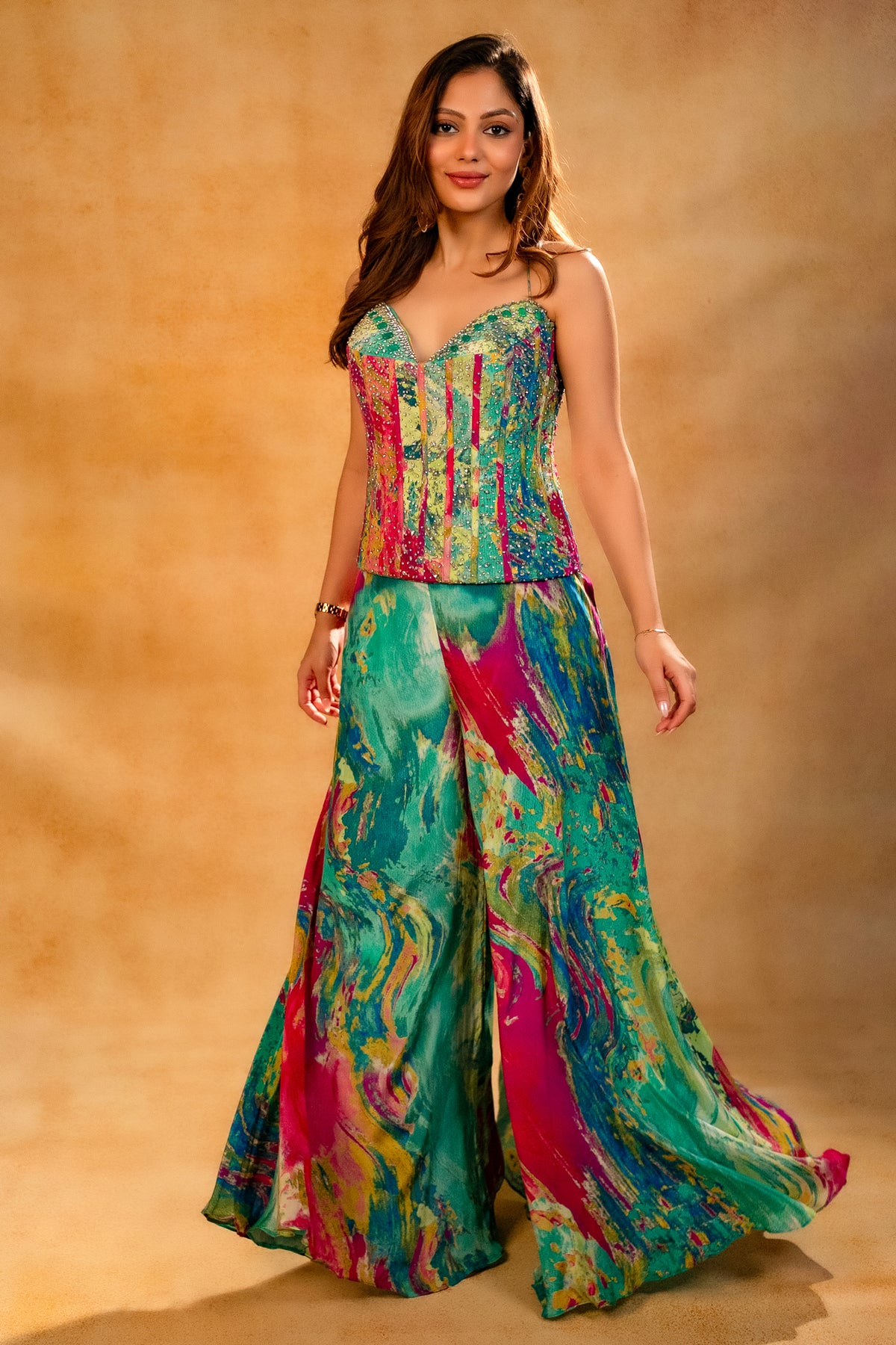 Multi Colored Printed Co-Ord Set featuring a structured corset top