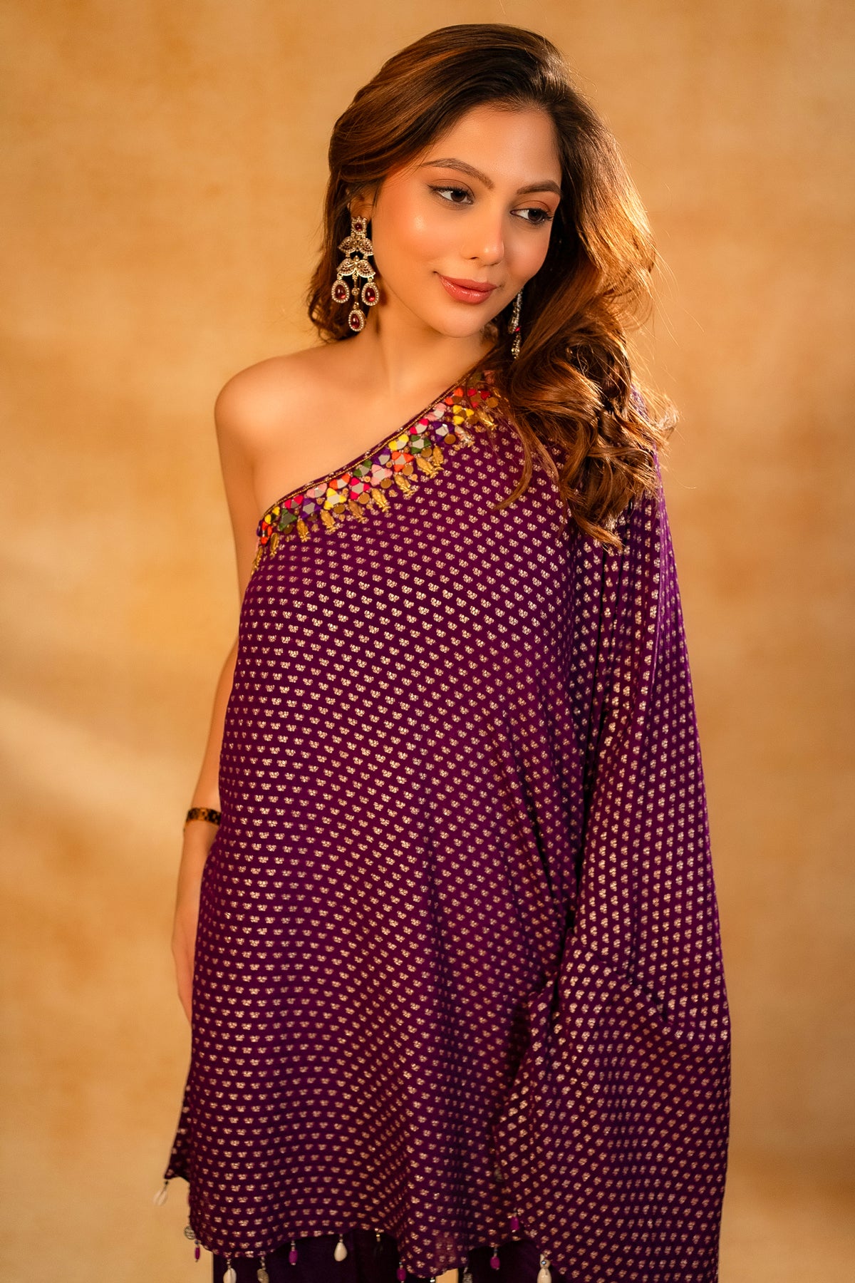 Byzantium Purple Georgette One Shoulder Asymmetrical Palazzo Set with Mirror Work - purple georgette saree