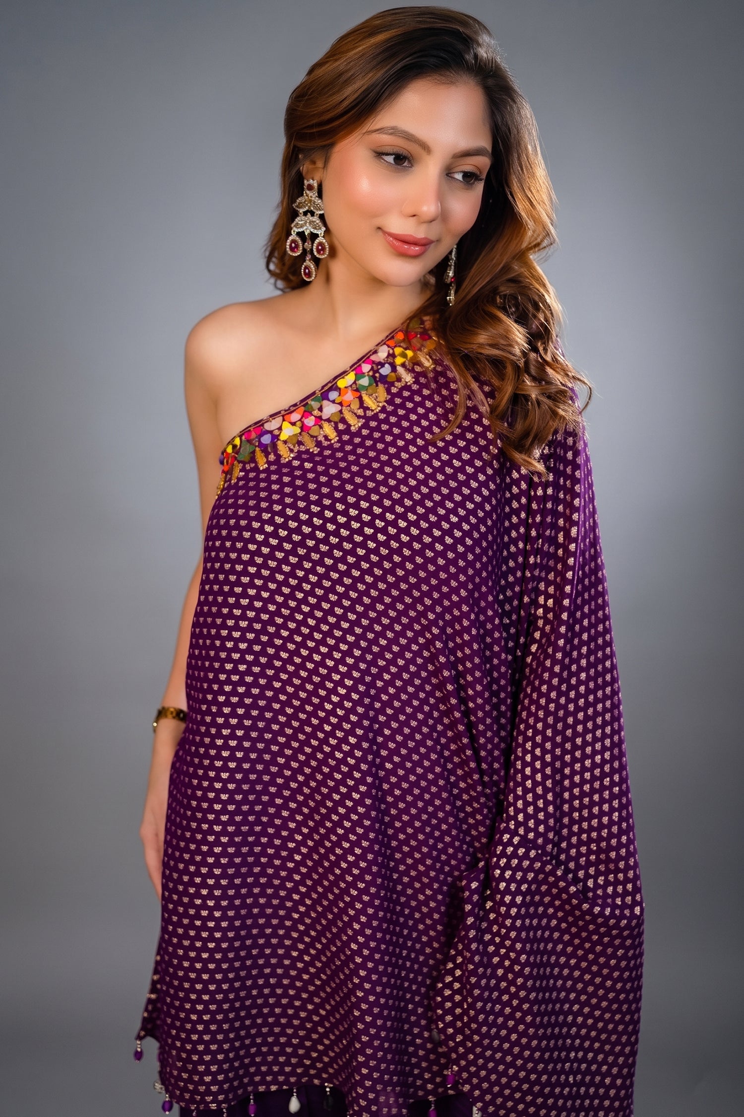 Close-up of dazzling mirrors and sequins on the Byzantium Purple One Shoulder Palazzo Set