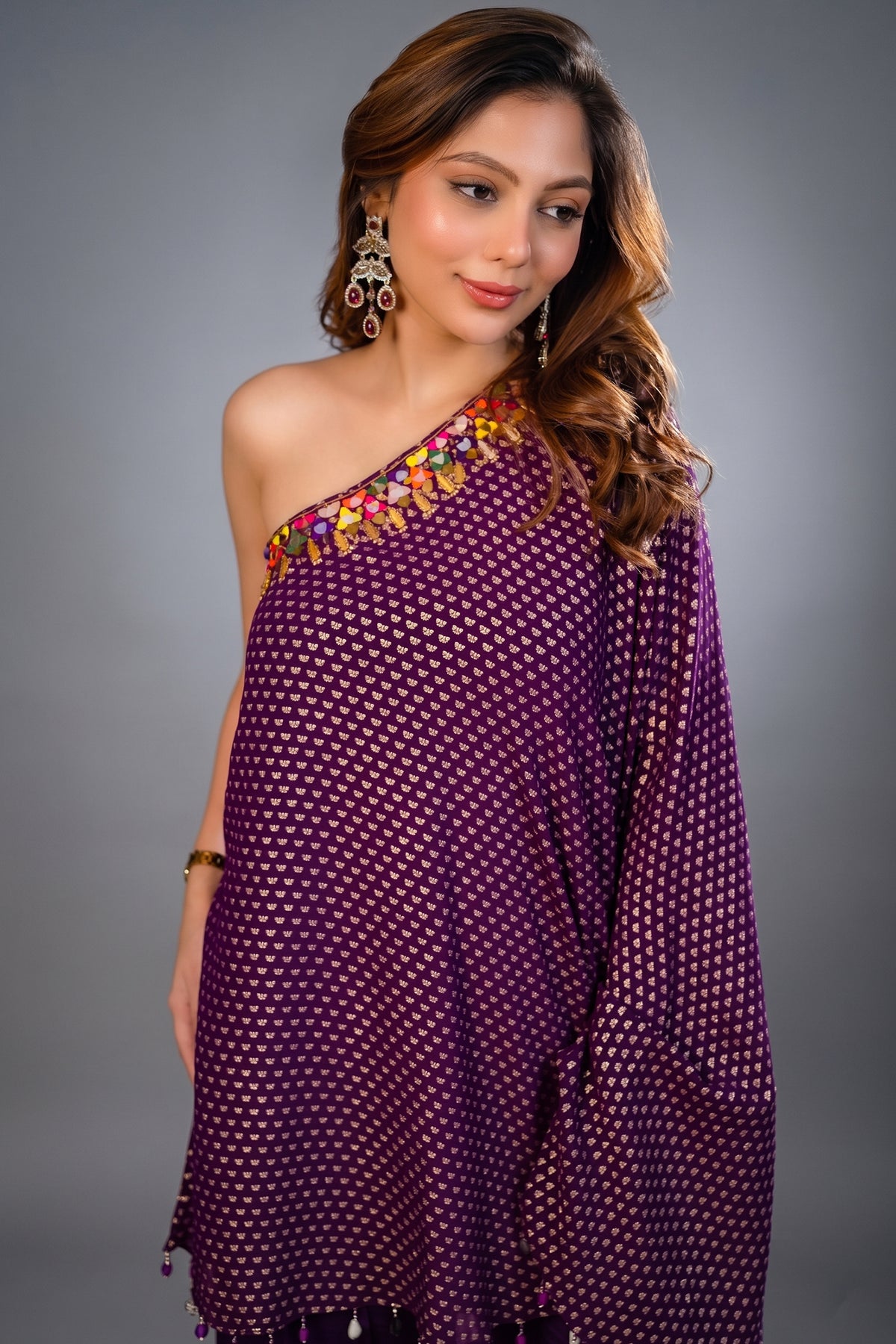 Close-up of dazzling mirrors and sequins on the Byzantium Purple One Shoulder Palazzo Set