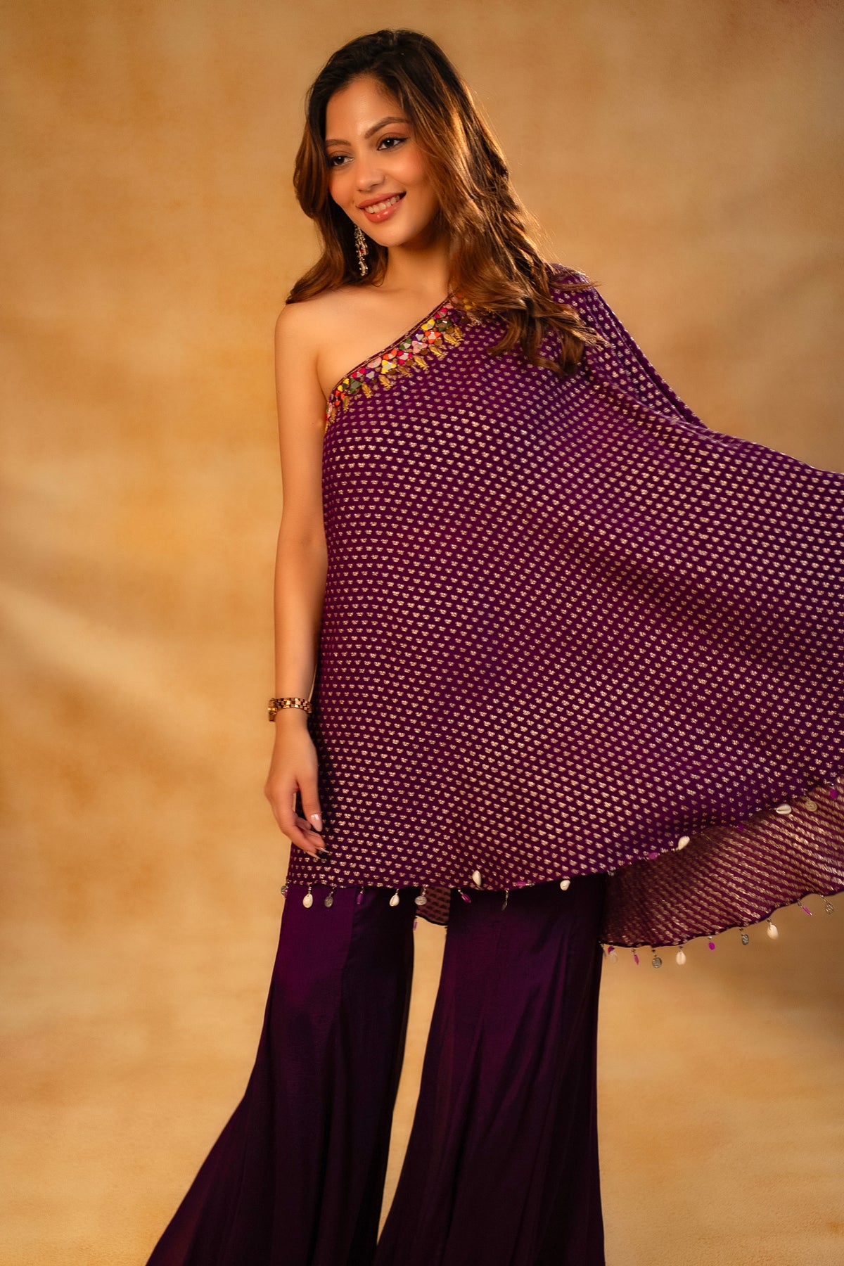 Byzantium Purple One Shoulder Palazzo Set paired with fluid georgette pants