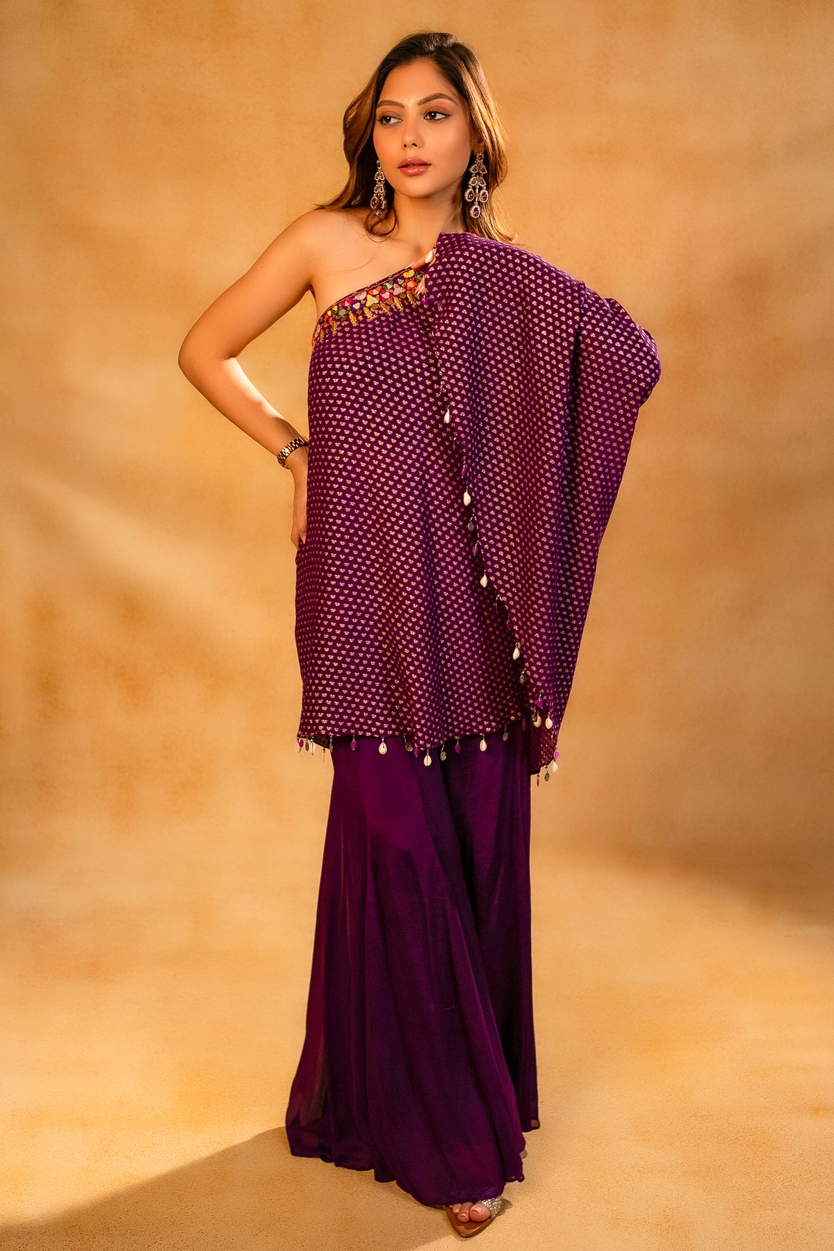 Designer Byzantium Purple One Shoulder Palazzo Set for bohemian luxury and festive events