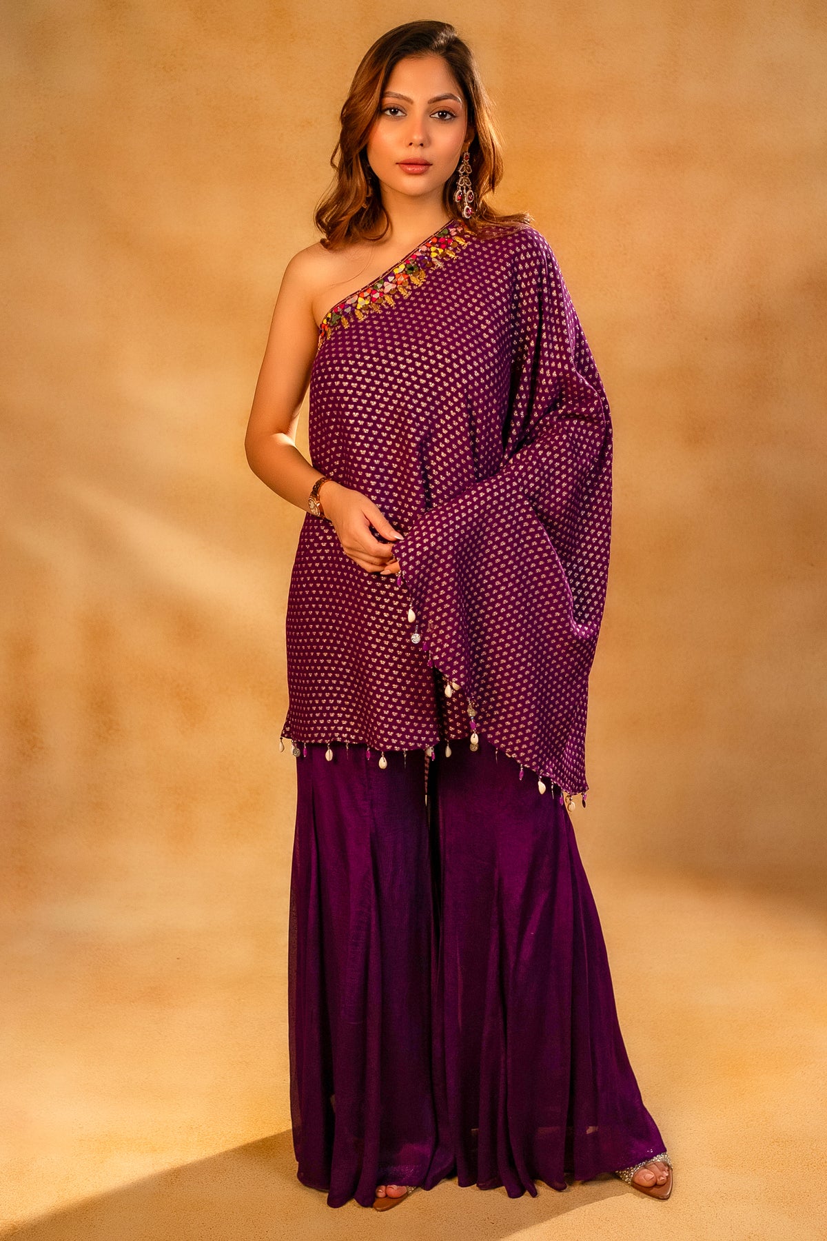 Byzantium Purple One Shoulder Palazzo Set featuring a playful asymmetrical hemline