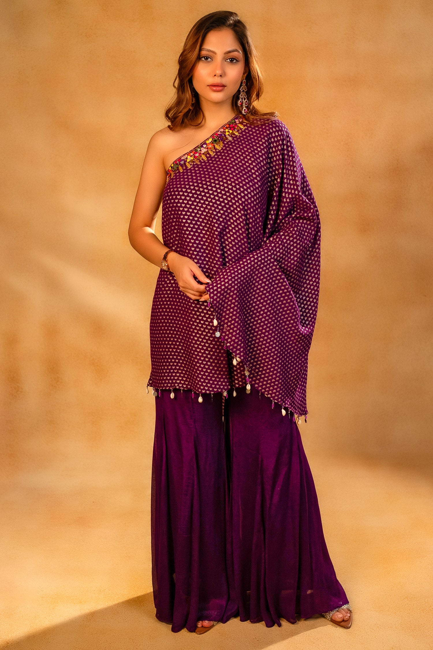 Byzantium Purple One Shoulder Palazzo Set featuring a playful asymmetrical hemline