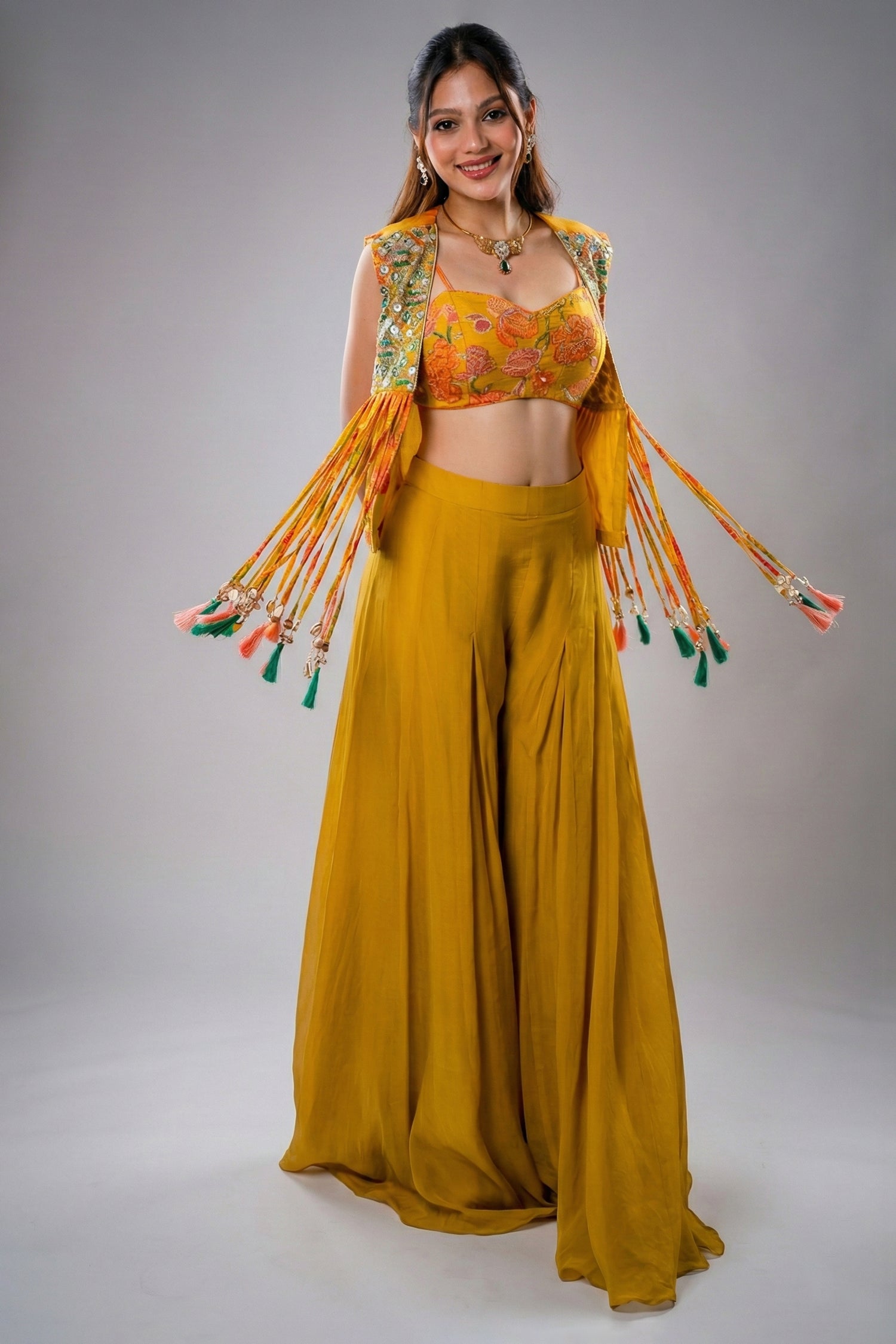 Yellow Organza Crop Top Palazzo Set with Jacket - Front View