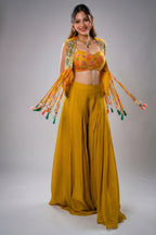 Yellow Organza Crop Top Palazzo Set with Jacket - Front View