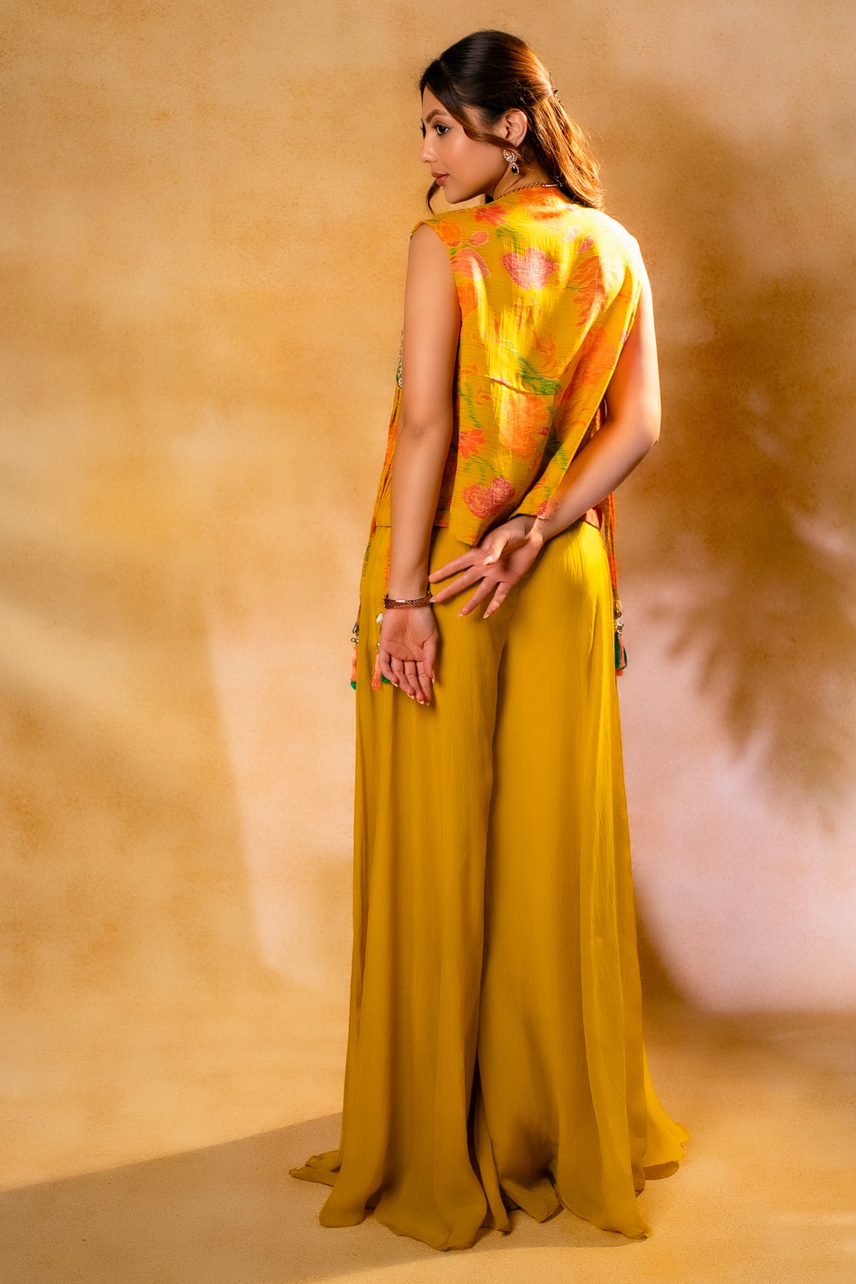 Yellow Organza Crop Top Palazzo Set with Mirror Worked Jacket - yellow organza saree